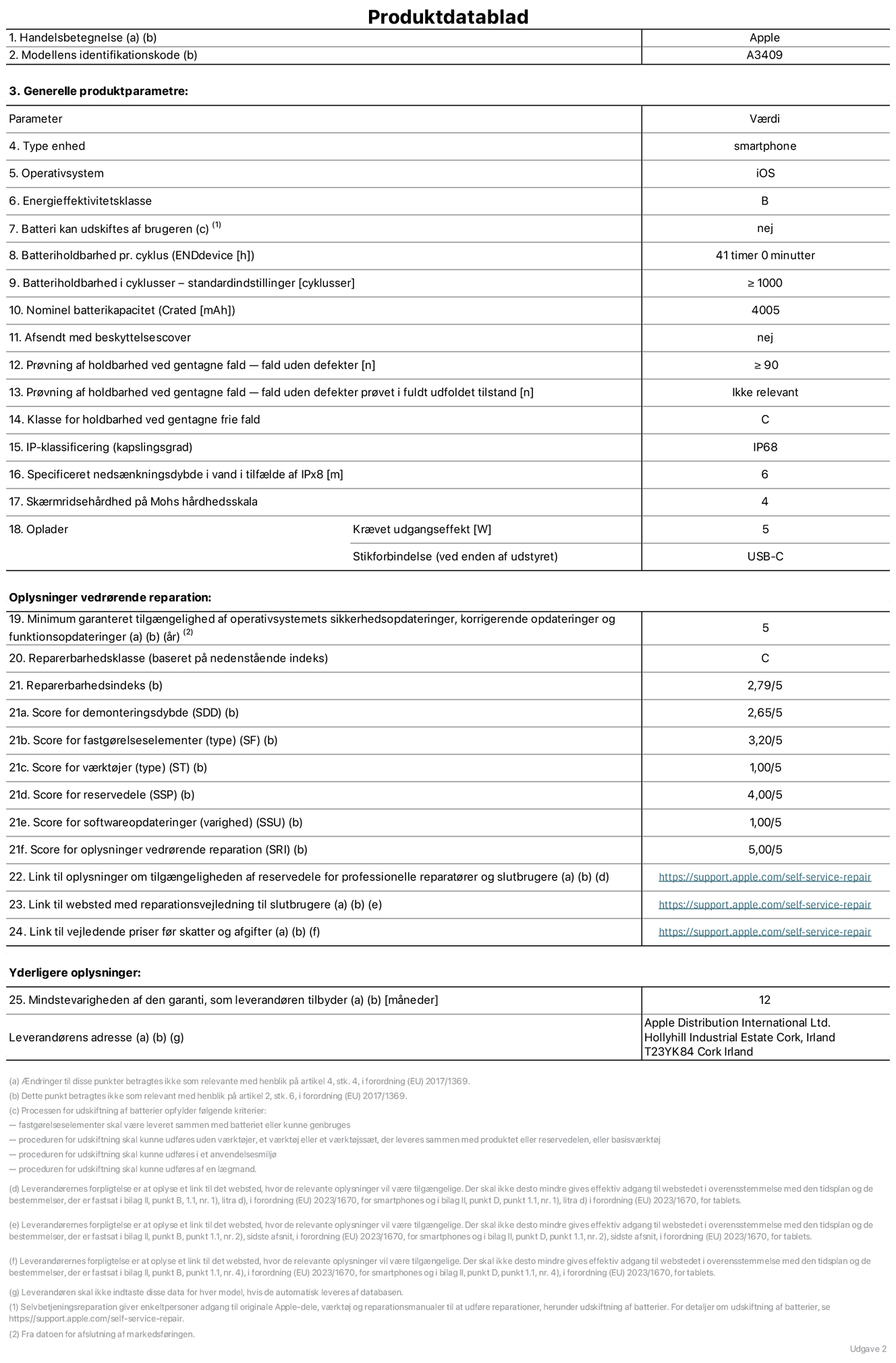 Produktdatablad til iPhone 16e, model A3409. Leveret af Apple Distribution International Limited, Hollyhill Industrial Estate. Cork, Irland T23 YK84. Enhedstype: smartphone. Styresystem: iOS. Energieffektivitetsklasse: B. Batteri kan udskiftes af brugeren: nej. Batteritid pr. cyklus: 41 timer. Batterilevetid i cyklusser – standardindstillinger: ≥ 1000. Nominel batterikapacitet: 4005 mAh. Leveres med beskyttelsescover: nej. Holdbarhedstest ved gentagne fald – fald uden defekt: ≥ 90. Holdbarhedstest ved gentagne fald – fald uden defekt testet i fuldt udfoldet tilstand: ikke relevant. Holdbarhedsklasse ved gentagne fald: C. Kapslingsklasse: IP68. Angivet nedsænkningsdybde i vand ved IPx8: 6 meter. Skærmens ridsefasthed på Mohs' hårdhedsskala: 4. Påkrævet udgangseffekt for oplader: 5 watt. Opladerstiktype (på enheden): USB-C. Garanteret minimumsperiode for tilgængelighed af sikkerhedsopdateringer, fejlrettelser og funktionsopdateringer til styresystemet: 5 år. Reparerbarhedsklasse: C. Reparationsindeks: 2,79/5. Antal point for demonteringsdybde: 2,65/5. Antal point for fastgørelseselementer: 3,20/5. Antal point for værktøj: 1,00/5. Antal point for reservedele: 4,00/5. Antal point for softwareopdateringer: 1,00/5. Antal point for reparationsoplysninger: 5,00/5. Weblink til oplysninger om tilgængeligheden af reservedele for professionelle reparatører og slutbrugere: https://support.apple.com/self-service-repair. Weblink til vejledning i reparation for slutbrugere: https://support.apple.com/self-service-repair. Weblink til vejledende priser før skatter og afgifter: https://support.apple.com/self-service-repair. Produktet er omfattet af 12 måneders garanti.