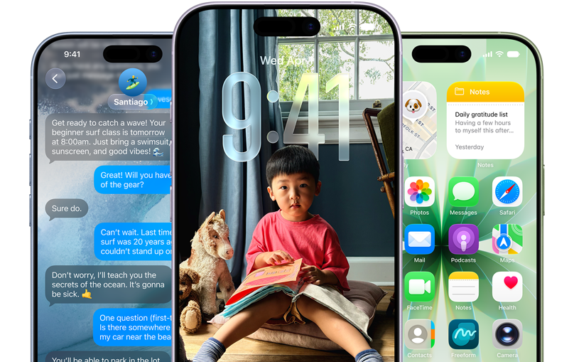 Tre iPhone 17-enheder. De viser hver især en Beskeder-skærm, låseskærm eller hjemmeskærm