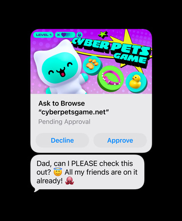 Skærm viser en tekstbesked med et screenshot fra cyberpetsgame.net, knapperne Afvis og Godkend under grafikken og beskeden: Far, må jeg ikke nok tjekke det her ud? Alle mine venner bruger det allerede
