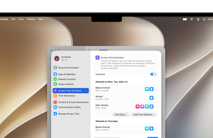 Pantalla de un MacBook Pro que muestra las opciones Límite de Tiempo y Horario de Tiempo de Uso en Ajustes para establecer límites de tiempo y categorías de contenido permitidas para los menores