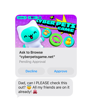 Pantalla que muestra un mensaje de texto con una captura de pantalla de cyberpetsgame.net, los botones Rechazar y Aprobar debajo del gráfico, el texto del mensaje, Papá, ¿puedo echarle un vistazo? Todos mis amigos ya están ahí