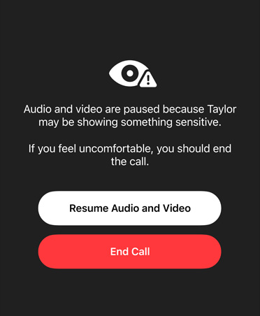 Mensaje generado automáticamente para los padres sobre el contenido inapropiado y peligroso que su hijo podría estar viendo en una llamada FaceTime, con opciones para reanudar el audio y el vídeo o finalizar la llamada