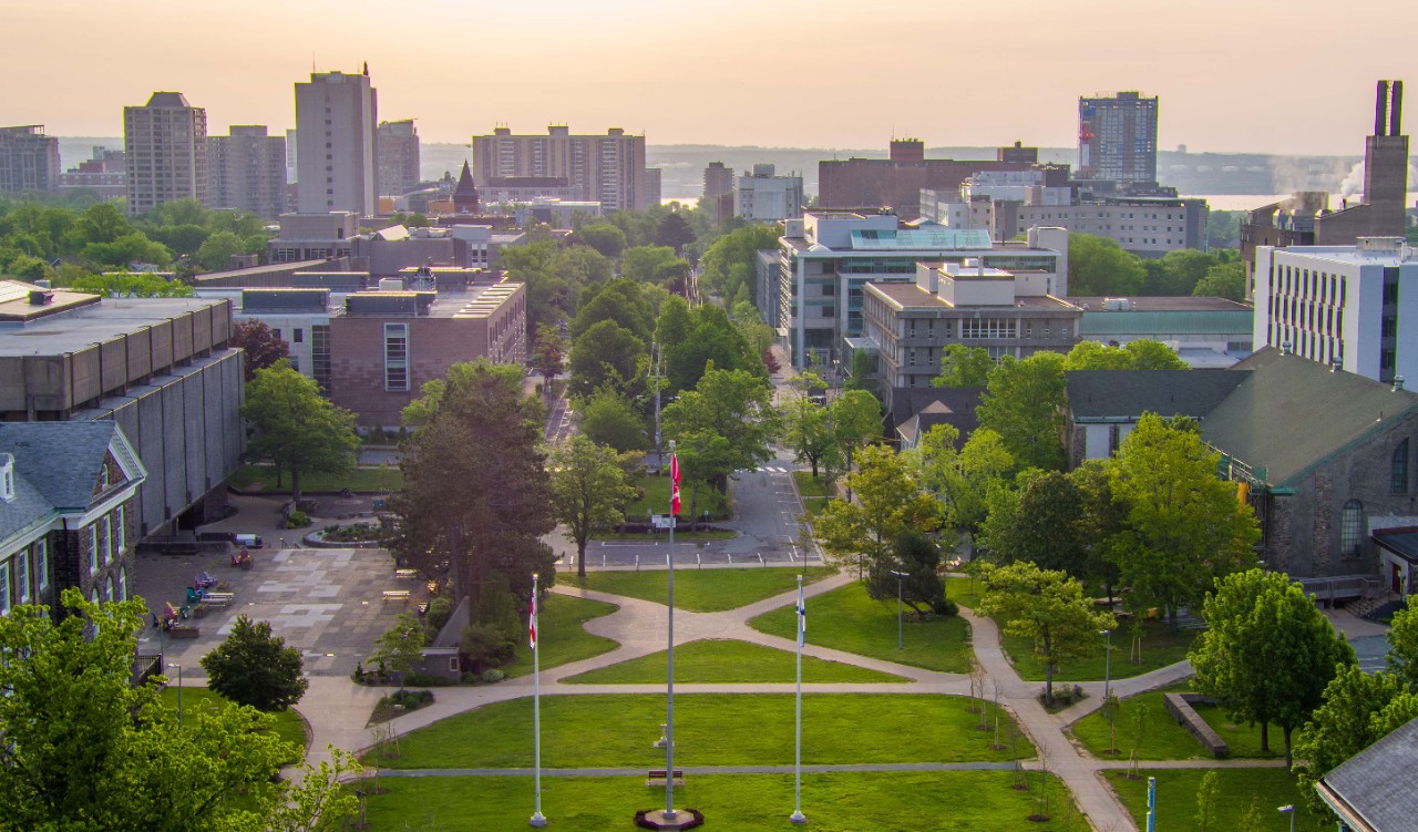 Aerial photograph of Dalhousie University's Studley Campus in Halifax including the quad and Killam Library.