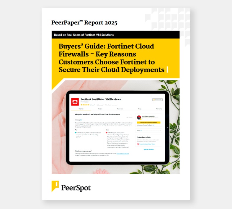 Cover of PeerSpot Report 2023 titled Based on Real User Experiences with Fortinet FortiGate-VM: Top 6 Selection Factors for a Next-Generation Firewall (NGFW) for Cloud Environments