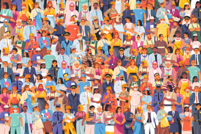 A large, diverse group of people wearing different clothes and uniforms, representing various professions and backgrounds, stand closely together facing forward.