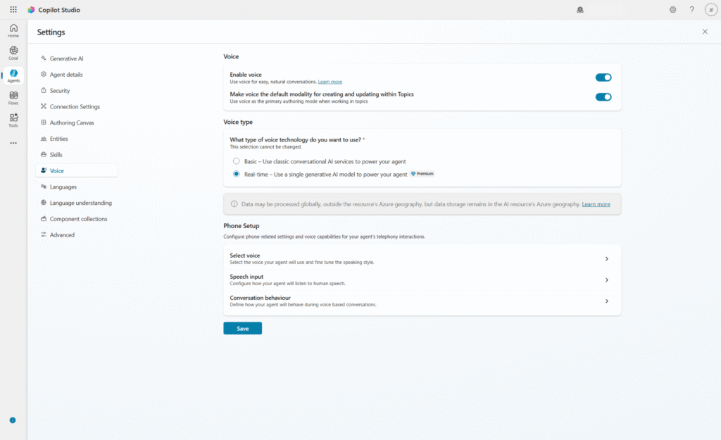 In Copilot Studio, choose between basic voice models and real-time voice models.