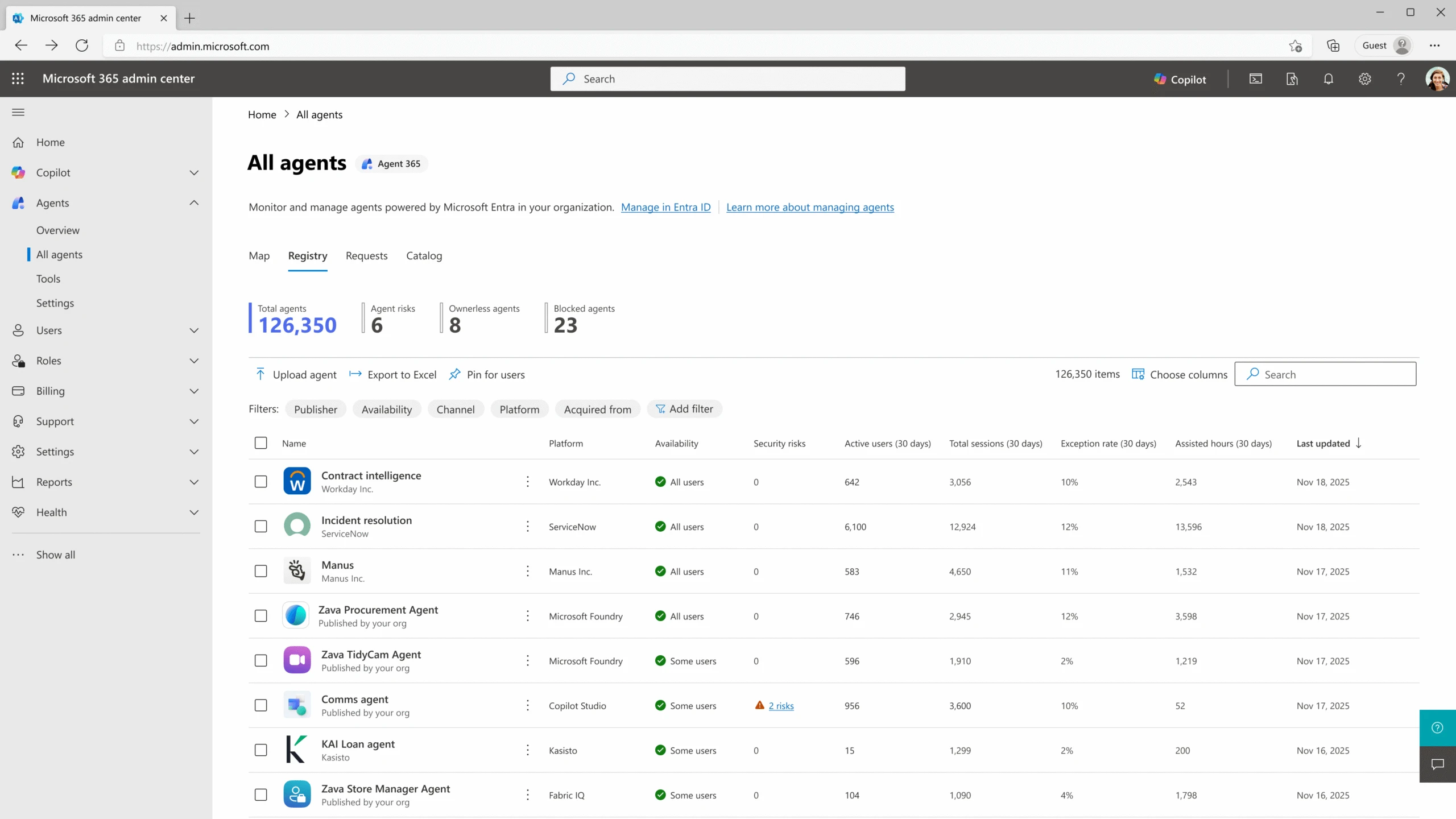 The All Agents screen within Microsoft 3 6 5 Admin Center with an inventory list of all the agents in the organization and information like usage and security for each agent.