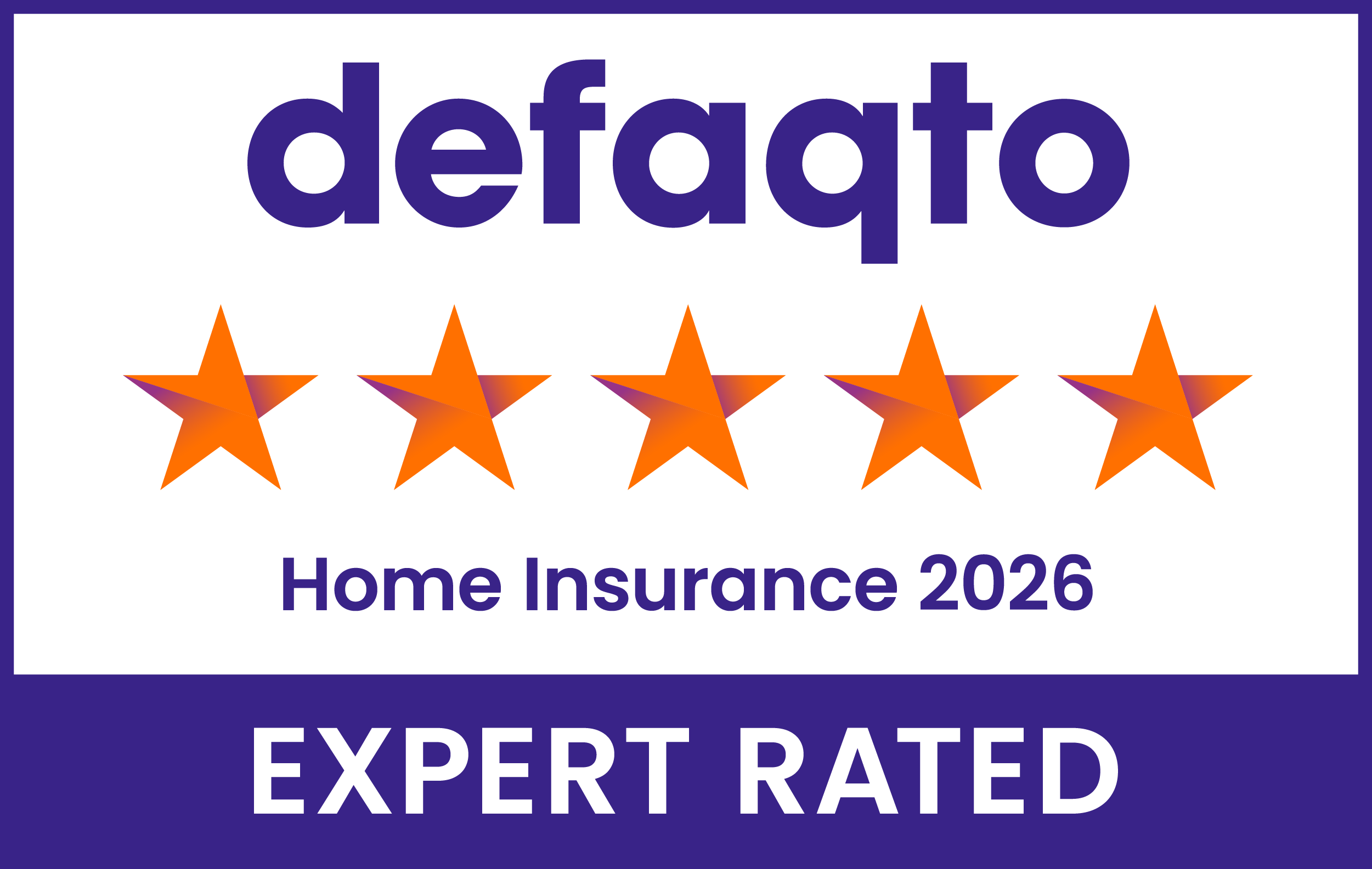 Defaqto 5 Star Expert Rated award badge for home insurance, showing five stars and the Defaqto logo.