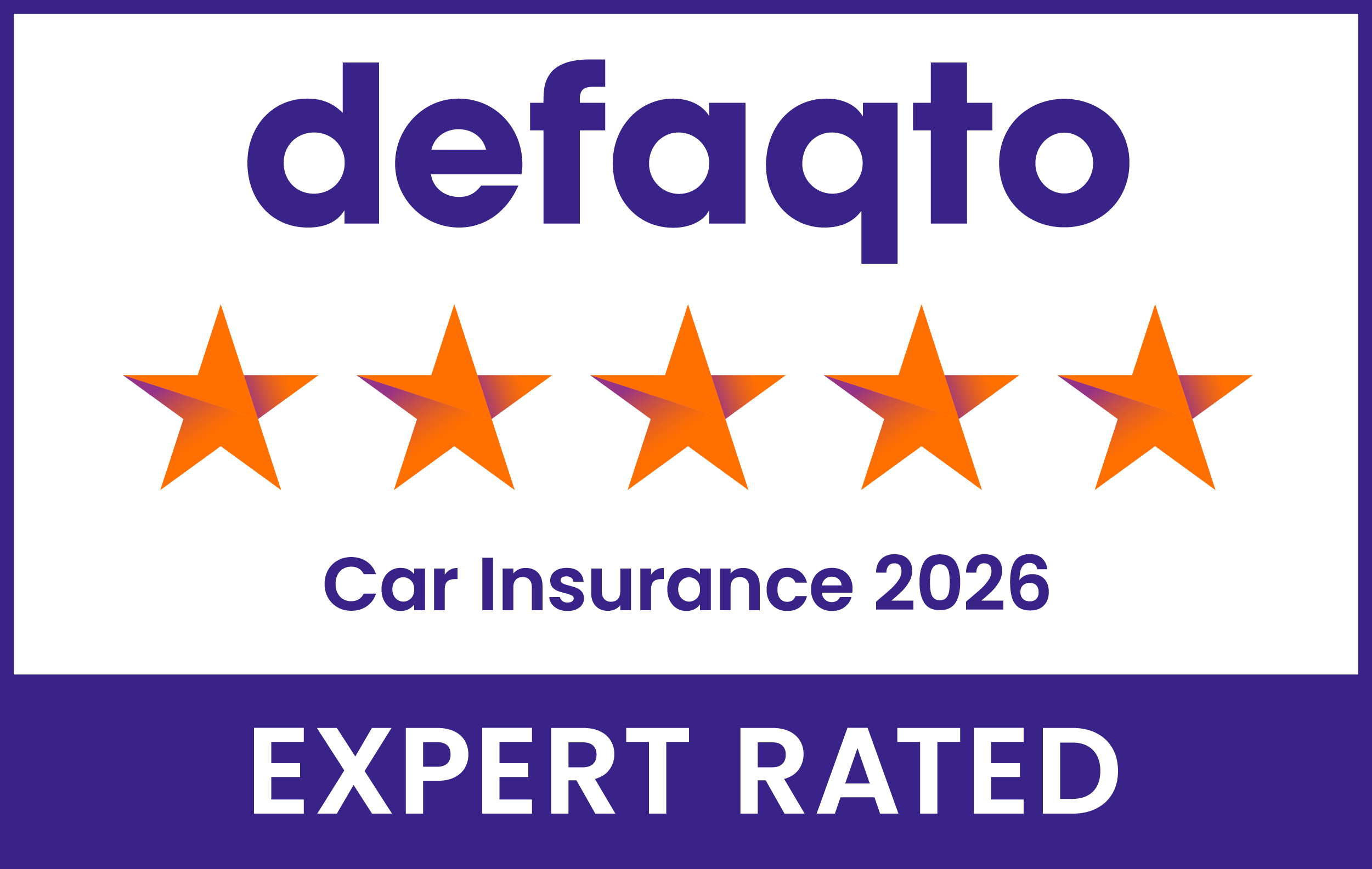 Defaqto 5 Star Expert Rated badge for car insurance UK, showing five stars and the Defaqto logo, used to highlight trusted car insurance and help users insure a car.